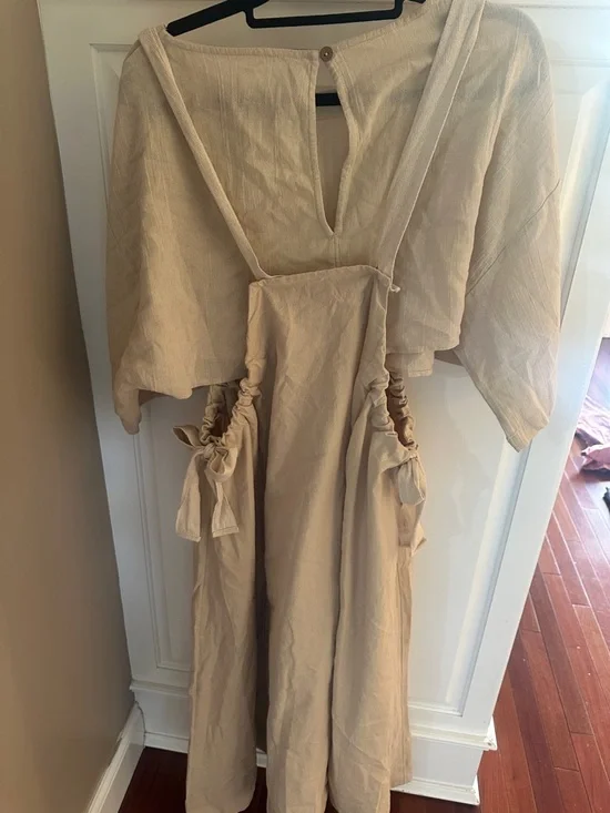 Free People Beige 2 piece Linen-Blend Midi Pinafore Dress with Wide Sleeve Top - Picture 4 of 5